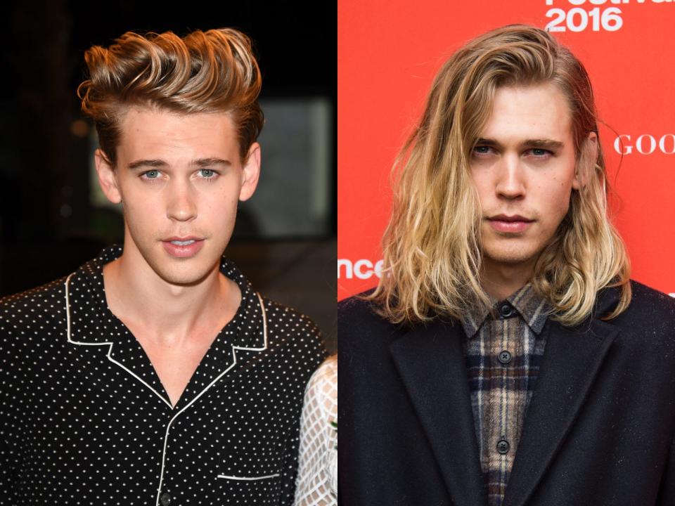 austin butler with short hair on the left and long hair on the right