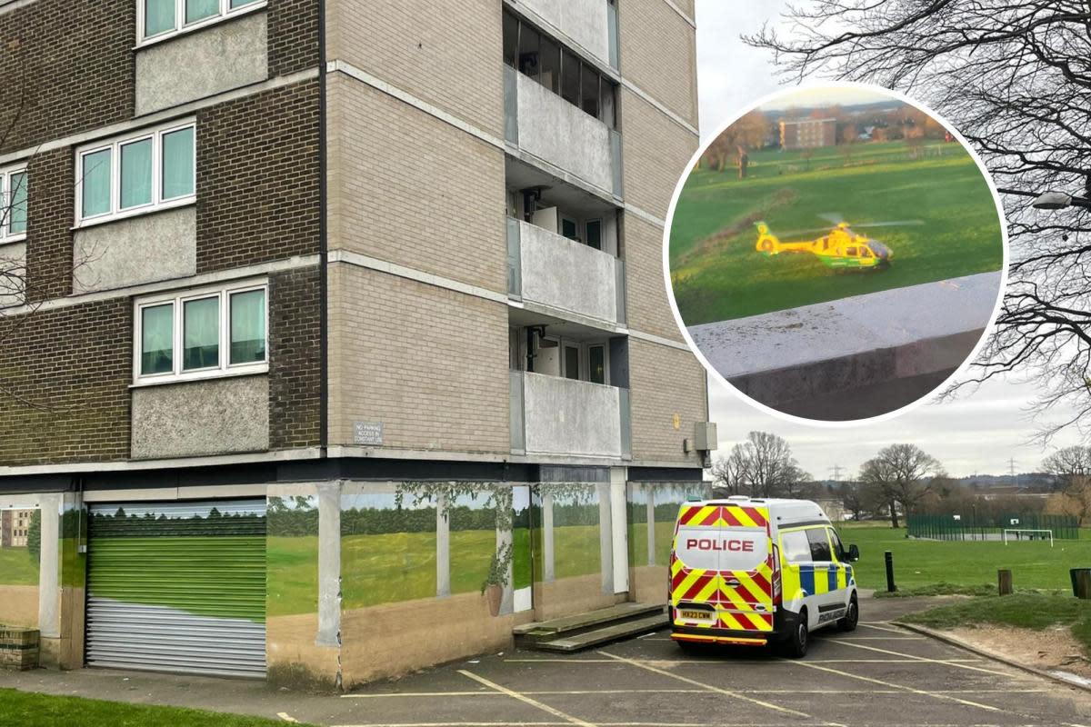 Police at Millbrook Towers and inset of Air Ambulance <i>(Image: Newsquest, Jose Ramos)</i>