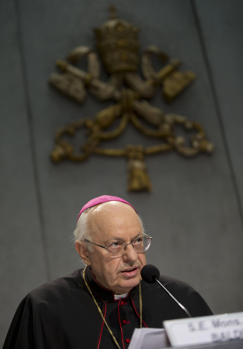 FILE - In this Nov. 26, 2013 file photo, Mons. Lorenzo Baldisseri, Secretary General of the Synod of Bishops, presents the mission statement for Pope Francis' papacy, during a press conference, at the Vatican. Baldisseri is amongst the 19 new cardinals that Pope Francis announced Sunday, Jan. 12, 2014 during his Angelus prayer from his studio window overlooking St. Peter's Square. The ceremony to formally install them as cardinals will be held Feb. 22 at the Vatican. (AP Photo/Andrew Medichini, file)