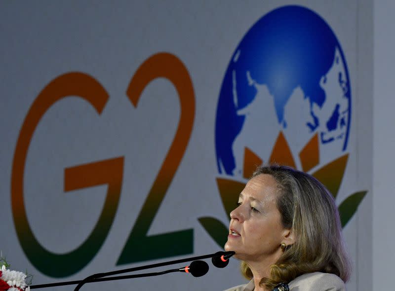 FILE PHOTO: Spanish Minister for Economic Affairs Nadia Calvino speaks during a news conference on outskirts of Bengaluru