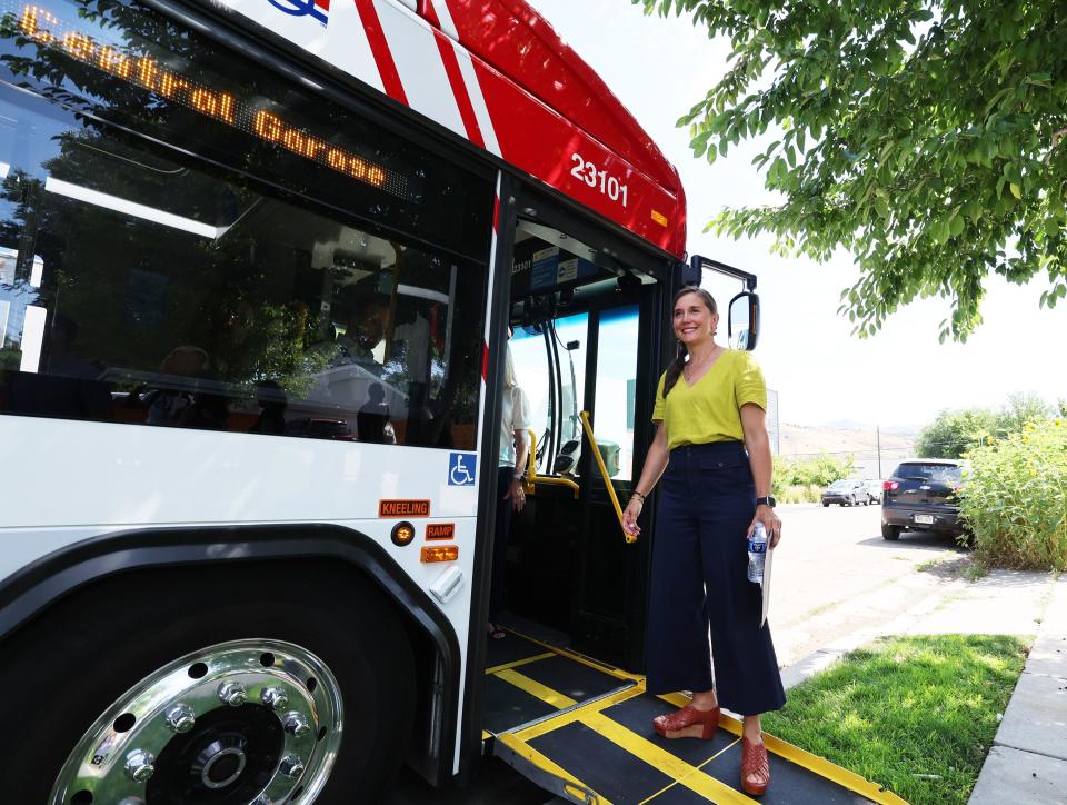 Salt Lake City Mayor Erin Mendenhall walks off one of UTA’s electric buses as she joins U.S. Environmental Protection Agency (EPA) Regional Administrator for Region 8 KC Becker and Utah Department of Environmental Quality (DEQ) Director Kim Shelley at an event at NeighborWorks in Salt Lake City on Tuesday, July 25, 2023. They listened to community concerns and shared information about EPA support and grant opportunities and presented the initial results of an environmental justice assessment focused on westside neighborhoods. | Scott G Winterton, Deseret News