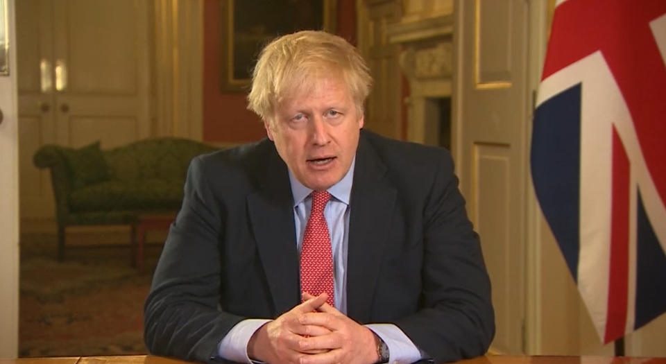 Screen grab of Prime Minister Boris Johnson addressing the nation from 10 Downing Street, London, as he placed the UK on lockdown as the Government seeks to stop the spread of coronavirus (COVID-19).