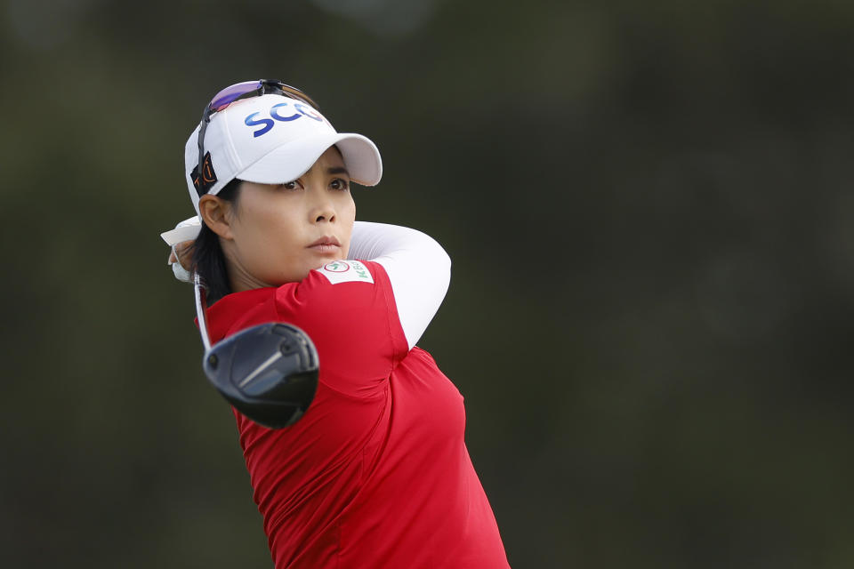 Moriya Jutanugarn of Thailand plays her shot from the 14th tee during the first round of The ANNIKA driven by Gainbridge at Pelican Golf Club on November 09, 2023, in Belleair, Florida. (Photo by Mike Ehrmann/Getty Images)