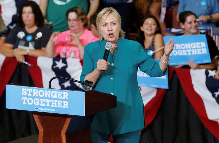 Hillary Clinton speaks during a rally at Lincoln High School in Des Moines, Iowa. (Photo: Chris Keane/Reuters)