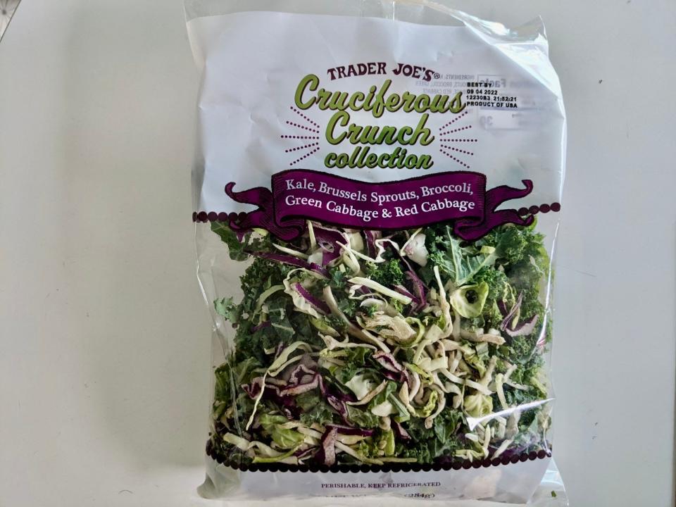 trader joe's cruciferous crunch salad kit on a kitchen counter