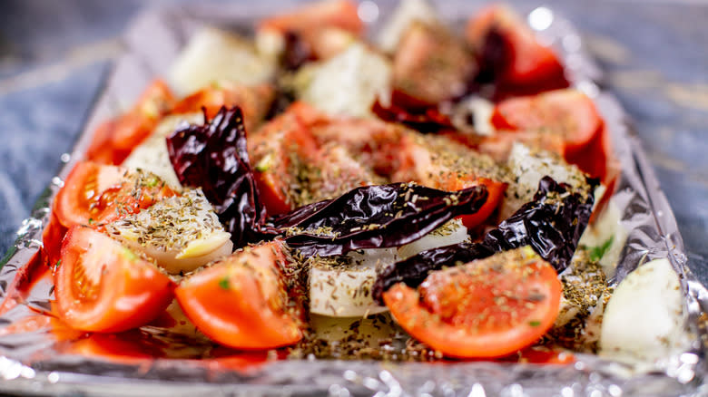 chopped vegetables on pan