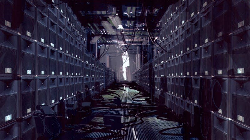 A hallway of speakers stretches toward an opening.