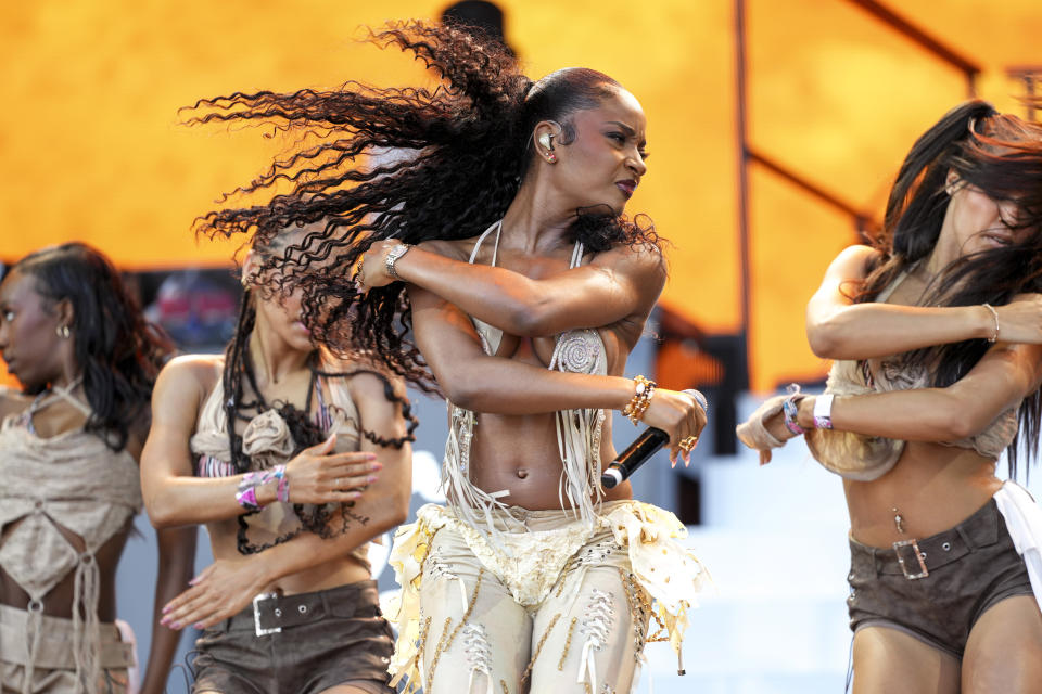 Ayra Starr performs during the Glastonbury Festival in Worthy Farm, Somerset, England, Saturday, June 29, 2024. (Scott A Garfitt/Invision/AP)