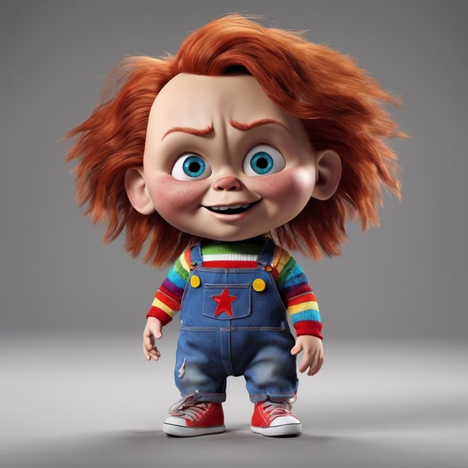 AI-3D pixar-style Chucky from Child's Play in overalls with a striped shirt and sneakers