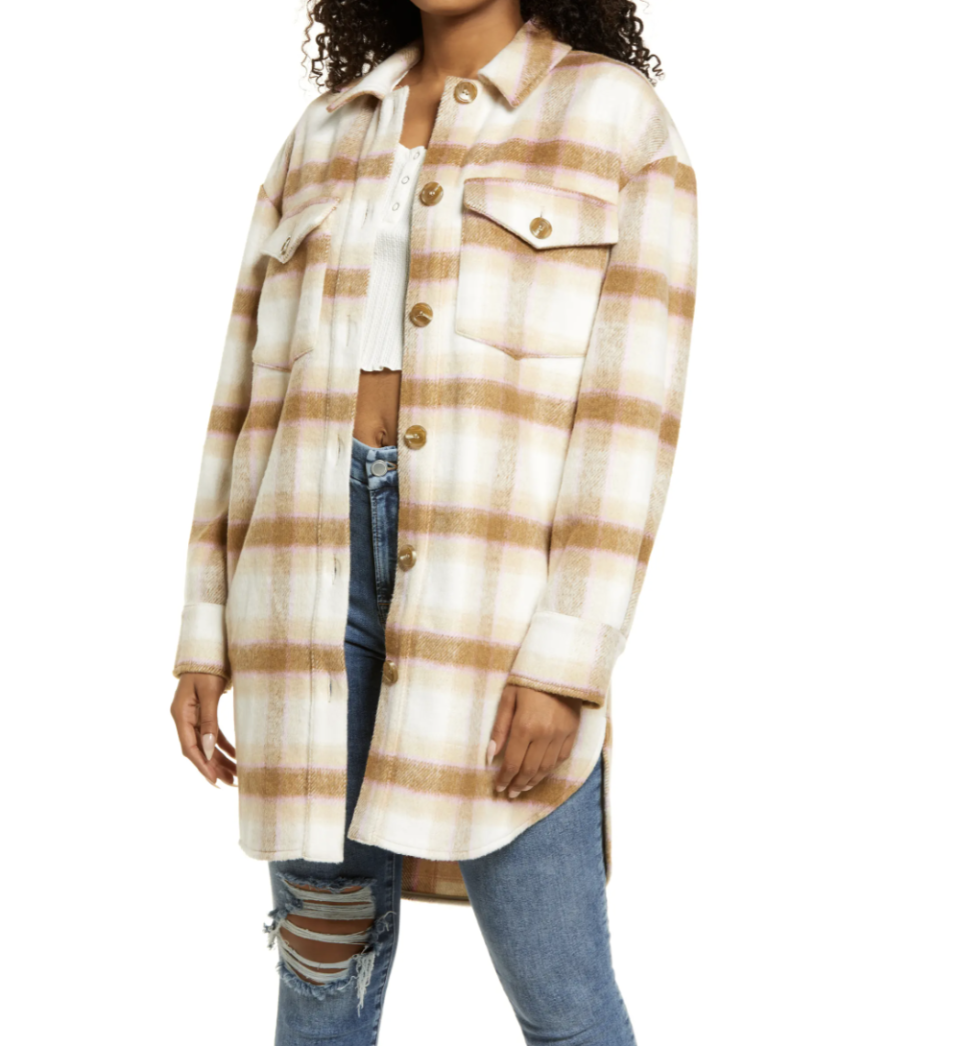 model wearing brown beige and white checked BP. Brushed Plaid Oversize Shirt Jacket