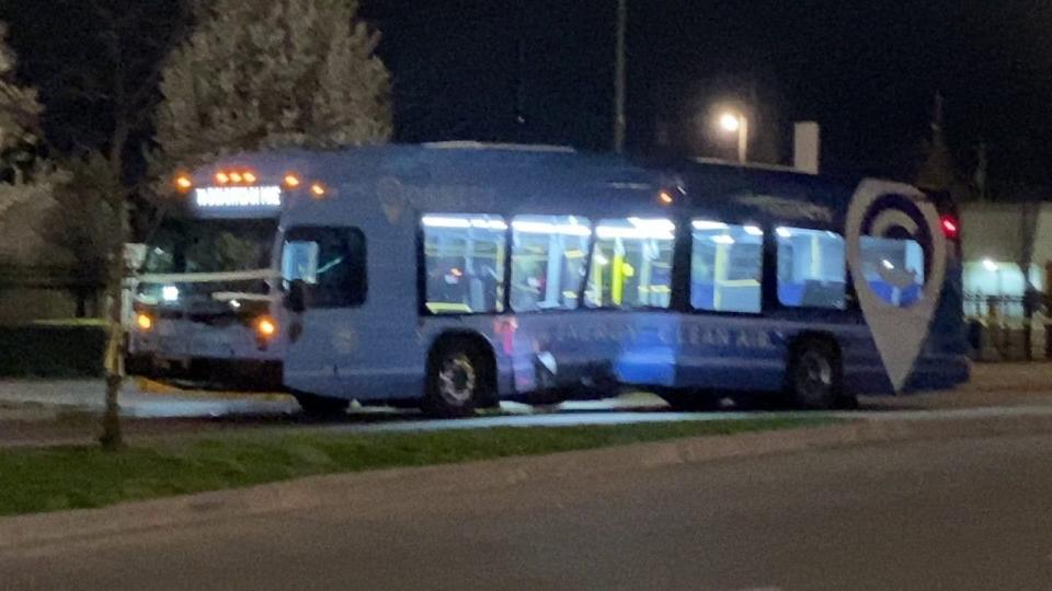 <div>The MCTS CONNECT 1 bus, with visible damage to the side</div>
