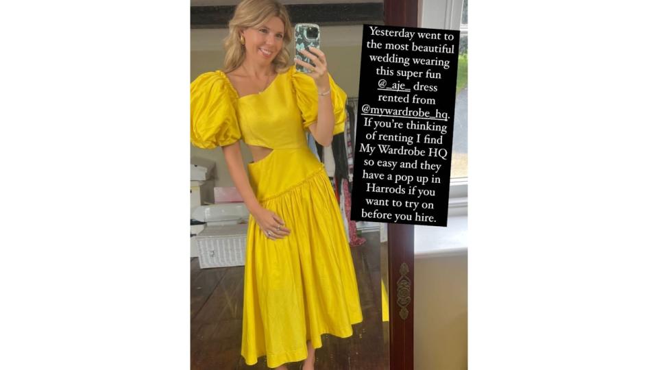 Carrie Johnson taking a selfie in a yellow cut-out dress