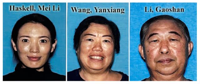 <p>Los Angeles Police Department via AP</p> Mei Haskell and her parents, Yanxiang Wang and Gaoshan Li