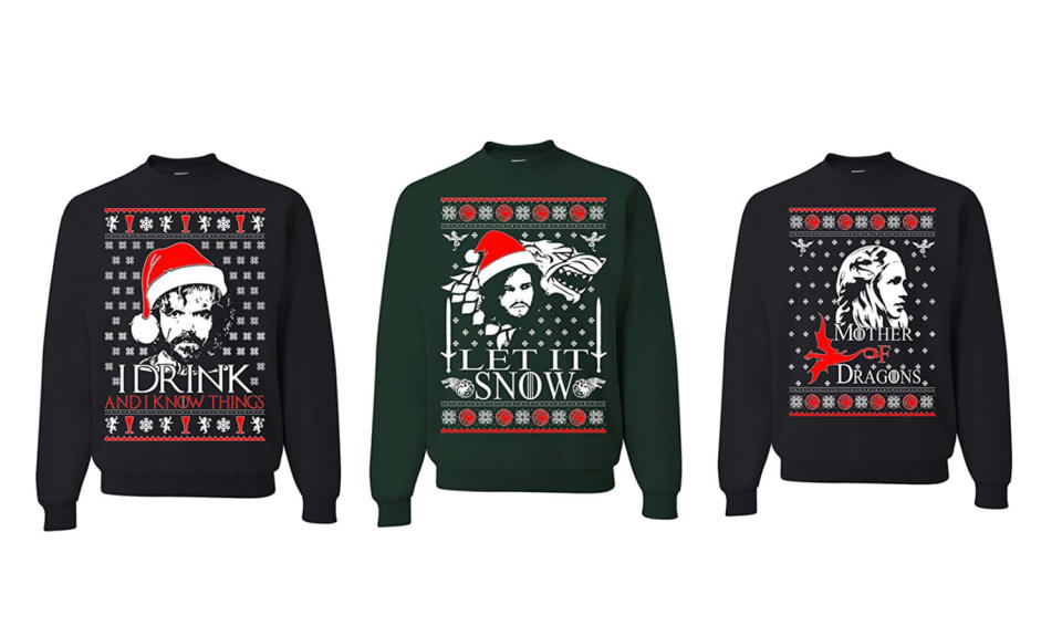 <p>Winter is coming, and what better way to stay warm and celebrate the holidays than these frocks featuring the mugs of Tyrion, Jon Snow, and Jon Snow’s aunt lover, er, aunt/lover (actually, both are correct), Daenerys. <strong>Buy <a rel="nofollow noopener" href="https://www.amazon.com/dp/B0779DDL7V/ref=sspa_dk_detail_4?psc=1" target="_blank" data-ylk="slk:here" class="link ">here</a>, <a rel="nofollow noopener" href="https://www.amazon.com/dp/B077B9M28Z/ref=sspa_dk_detail_5?psc=1" target="_blank" data-ylk="slk:here" class="link ">here</a>, and <a rel="nofollow noopener" href="https://www.amazon.com/dp/B0779GRYPY/ref=sspa_dk_detail_1?psc=1" target="_blank" data-ylk="slk:here" class="link ">here</a></strong> </p>
