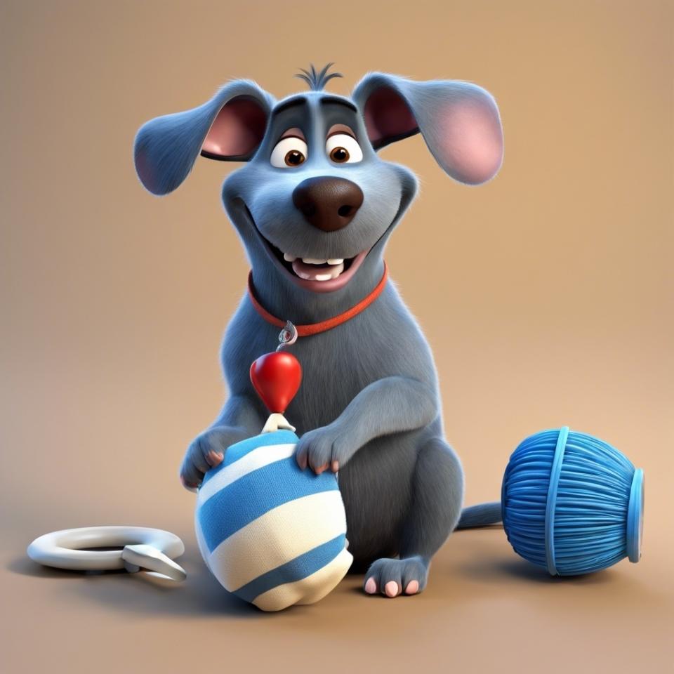 3D AI-generated character, Remy from "Ratatouille" as dog with a ball and yarn