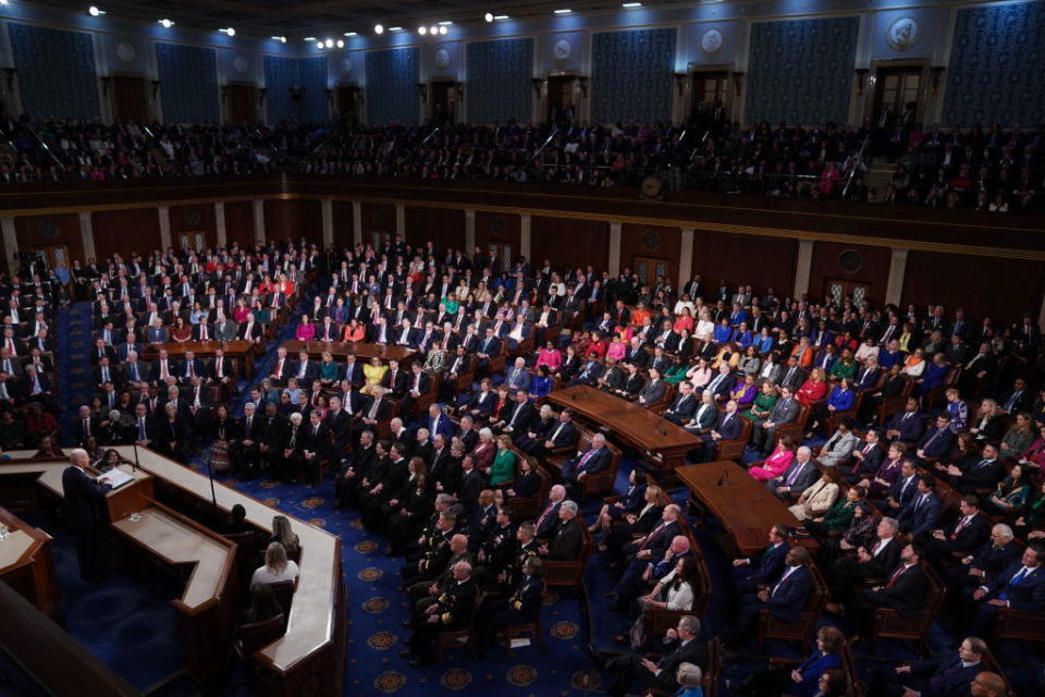 Members of Congress listen as President Biden delivers his State of the Union address at the Capitol on Tuesday, Feb. 7, 2023. / Credit: Sarah Silbiger/Bloomberg via Getty Images