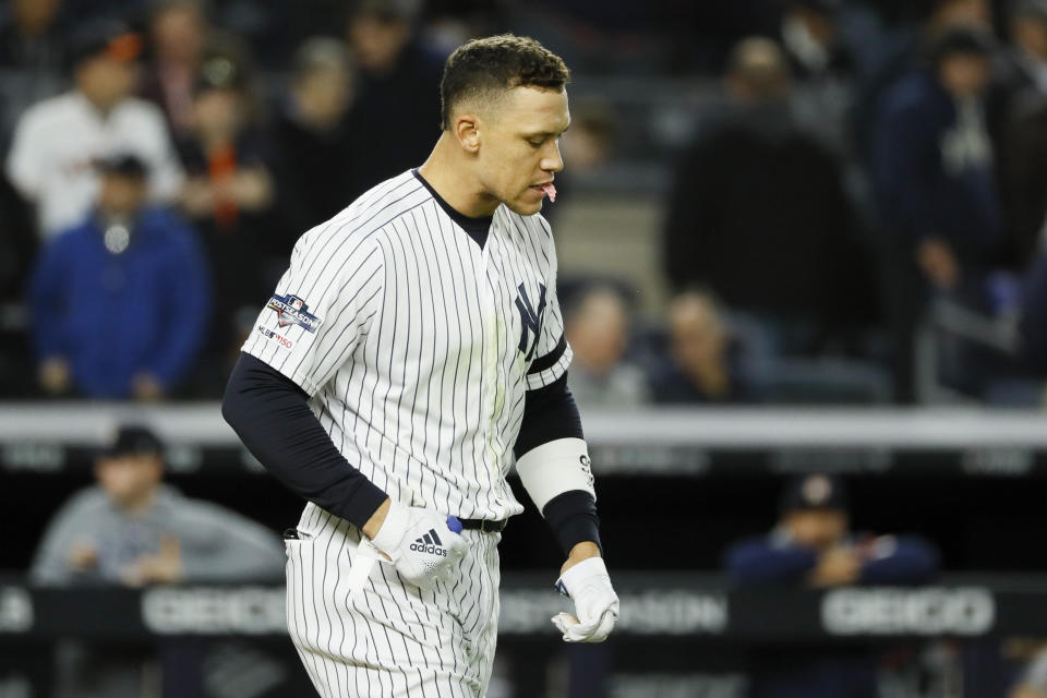 New York Yankees' Aaron Judge reacts after striking out against the Houston Astros during the sixth inning in Game 4 of baseball's American League Championship Series Thursday, Oct. 17, 2019, in New York. (AP Photo/Matt Slocum)