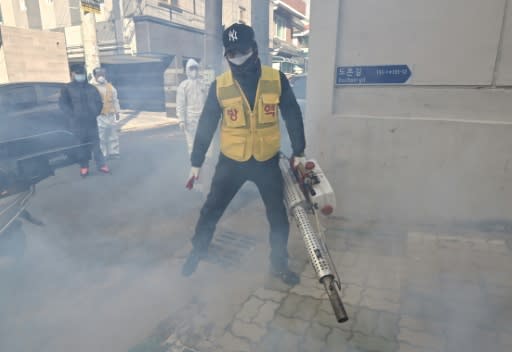 A South Korean health worker sprays disinfectant