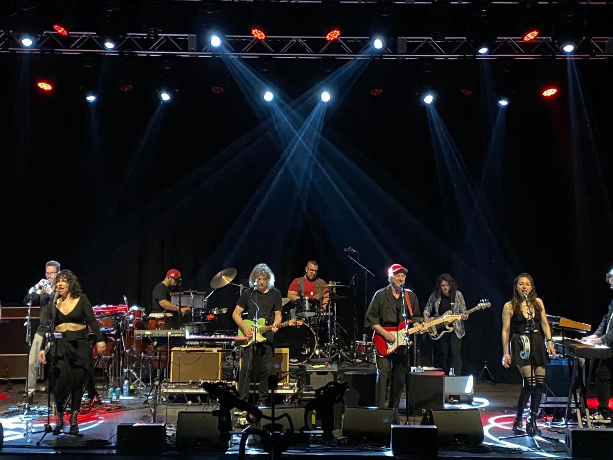 Jerry Harrison and Adrian Belew flanked by their nine-piece band delight a Roxian Theatre crowd.