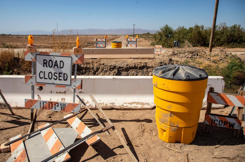 The site of a washed-out wooden bridge connecting Davis Road across a small waterway to Noffsinger Road in Calipatria.