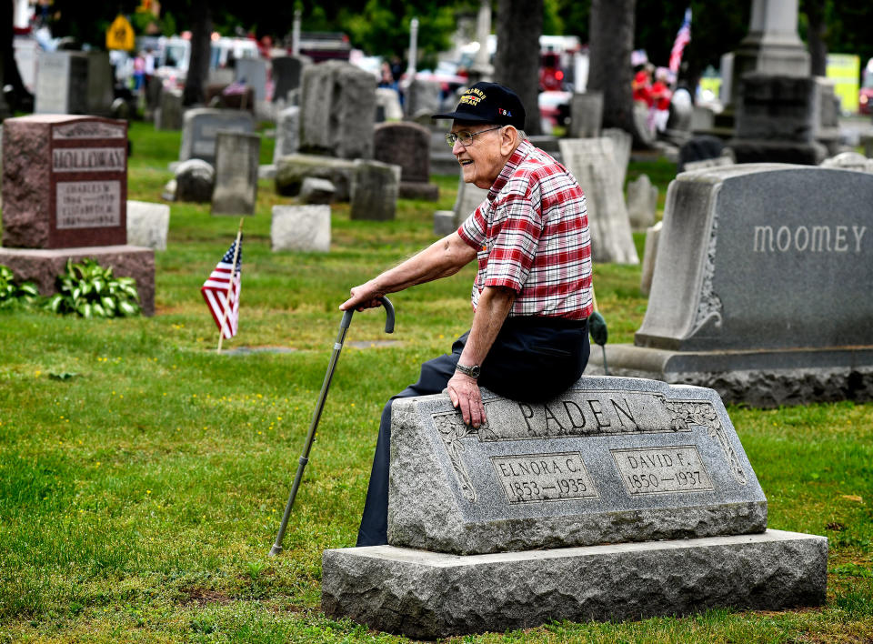 <p>World War II Navy Veteran Maurice Ford, 93, waits in the Pine Grove Cemetery in Berwick, Pa., for a service in the cemetery on Sunday, May 28, 2017. He said that he had three brothers who also served during World War II. He is the only one still living. (Bill Hughes/Bloomsburg Press Enterprise via AP) </p>