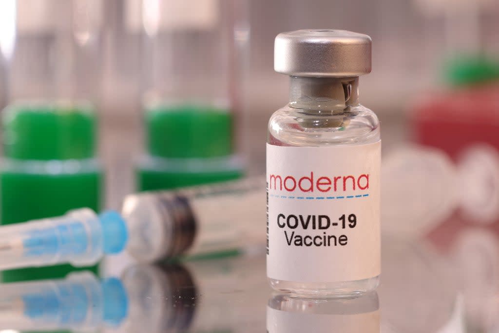 A vial labelled ‘Moderna Covid-19 Vaccine’ is seen in this illustration taken 16 January 2022 (Reuters)