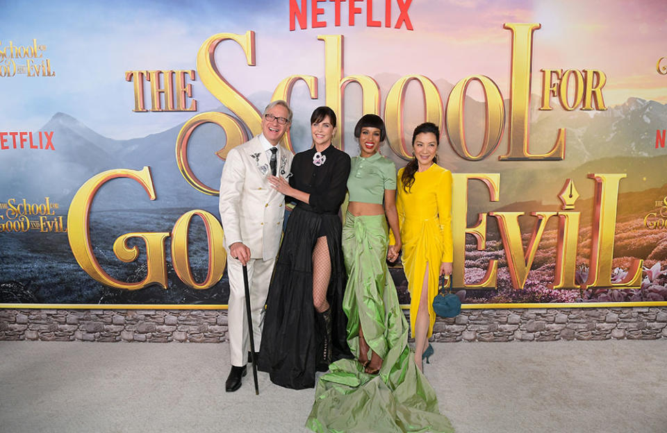 (L-R) Paul Feig, Charlize Theron, Kerry Washington and Michelle Yeoh attend the World Premiere Of Netflix's The School For Good And Evil at Regency Village Theatre on October 18, 2022 in Los Angeles, California.