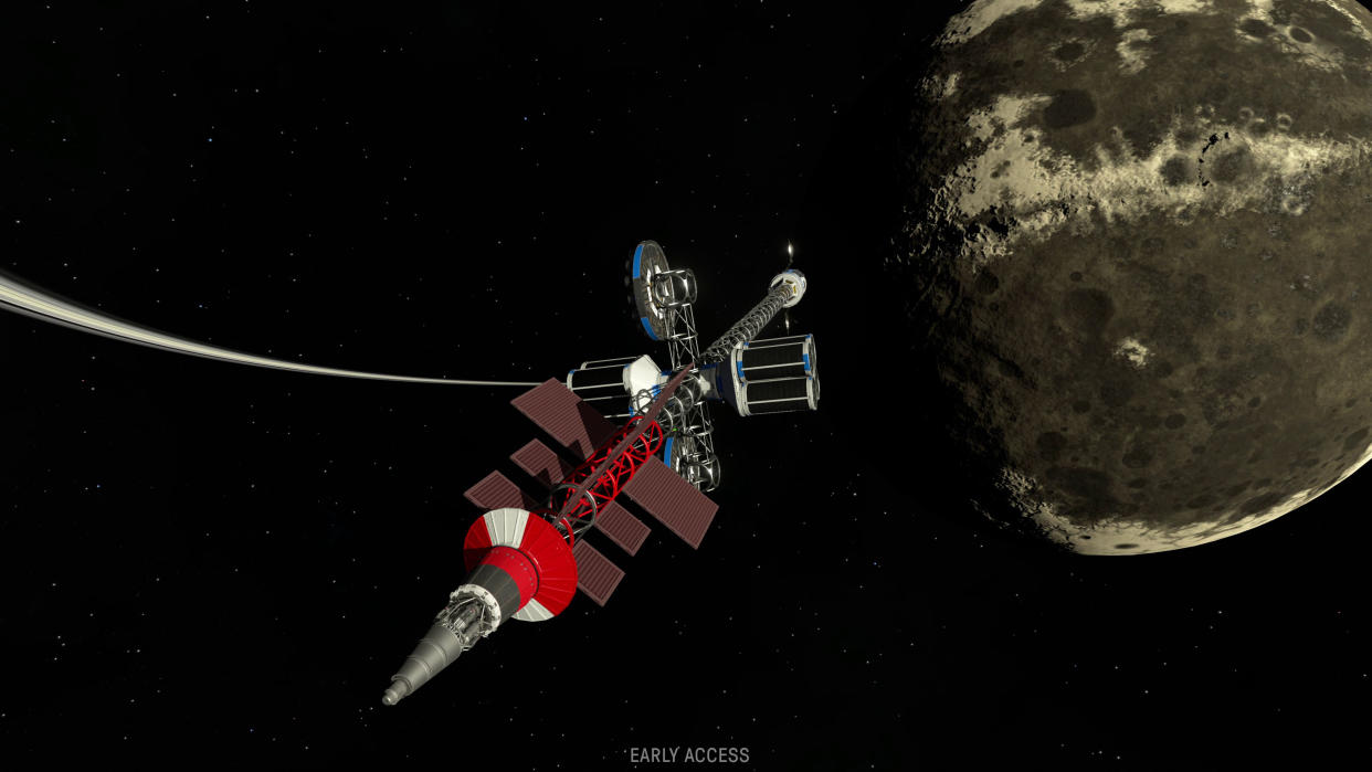  A giant spaceship built in Kerbal Space Program 2 near a moon and planet. 