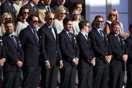 Sep 29, 2016; Chaska, MN, USA; Ryder Cup USA stands during the Opening Ceremony for the 41st Ryder Cup at Hazeltine National Golf Club. Mandatory Credit: Rob Schumacher-USA TODAY Sports