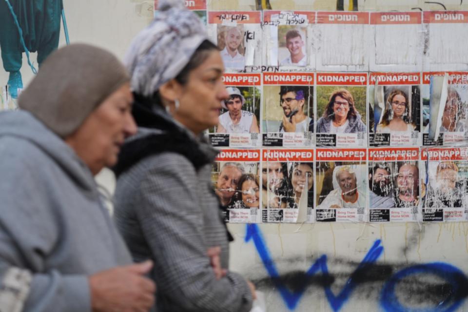 Mar 26, 2024; Jerusalem, Israel; Kidnapped posters line a wall in Jerusalem as the nation marks six months since the start of the war. Over 200 people were taken hostage by Hamas-led militants in October.Megan Smith-USA TODAY