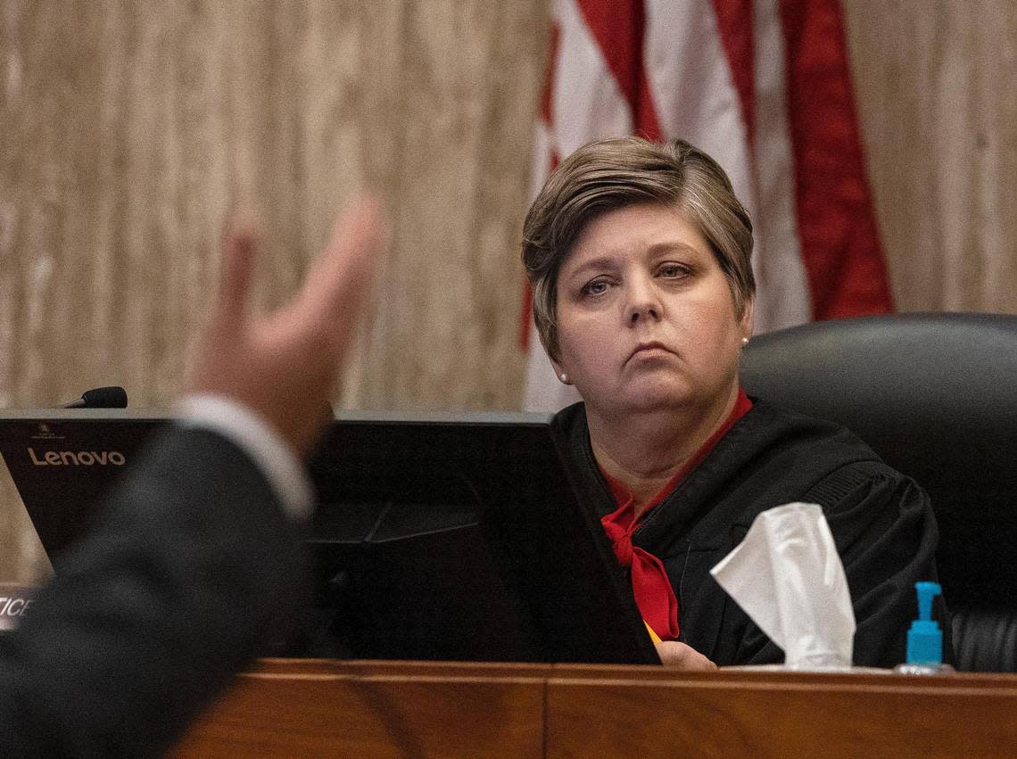 Justice Robyn Brody, seen listening to Alan Schoenfeld, part of the legal team for Planned Parenthood, said Idaho’s abortion statutes are “a bit of a maze.”