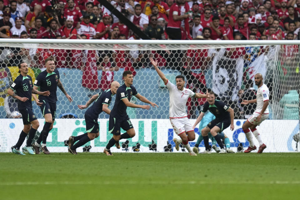 Tunisia's Youssef Msakni reacts during the World Cup group D soccer match between Tunisia and Australia at the Al Janoub Stadium in Al Wakrah, Qatar, Saturday, Nov. 26, 2022. (AP Photo/Ebrahim Noroozi)