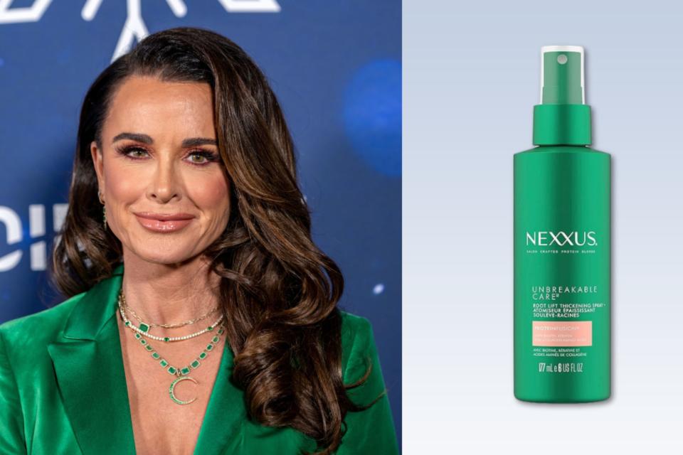 Kyle Richards and a bottle of Nexxus thickening hair spray.