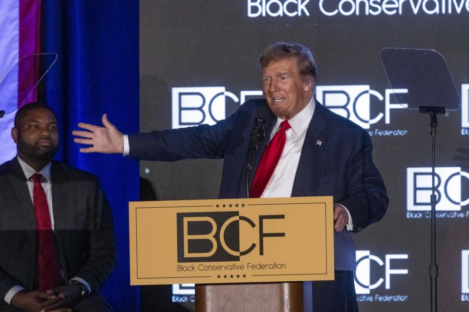 PHOTO: Former President Donald Trump speaks during the keynote address of the Black Conservative Federation, Honors Gala in Columbia, South Carolina, Feb. 23, 2024. (Bloomberg via Getty Images)