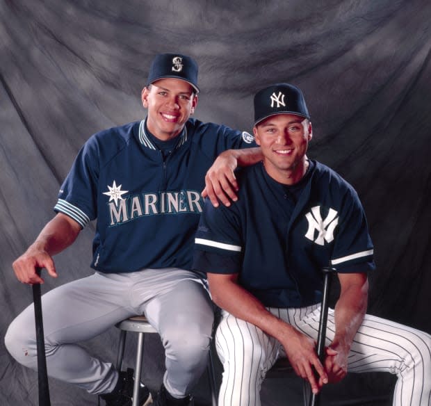 Alex Rodríguez of the Seattle Mariners and Derek Jeter of the New York Yankees pose together for photos on July 21, 1995, in New York City.<p><a href="https://www.gettyimages.com/detail/1354939948" rel="nofollow noopener" target="_blank" data-ylk="slk:Steve Crandall/Getty Images;elm:context_link;itc:0;sec:content-canvas" class="link ">Steve Crandall/Getty Images</a></p>