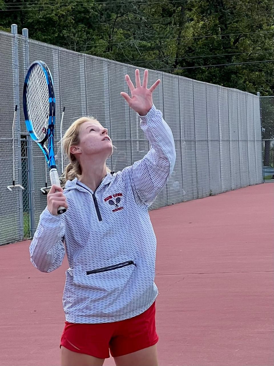 Marion Harding senior Taryn Simmers serves the ball during a girls tennis match at Pleasant earlier this season. Simmers won the Mid Ohio Athletic Conference Girls Tennis Tournament in first singles.