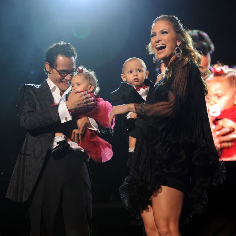 exclusive, premium rates apply new york february 14 exclusive marc anthony, jennifer lopez and their kids max and emme on stage before he performs valentines day show at madison square garden on february 14, 2009 in new york city photo by kevin mazurwireimage