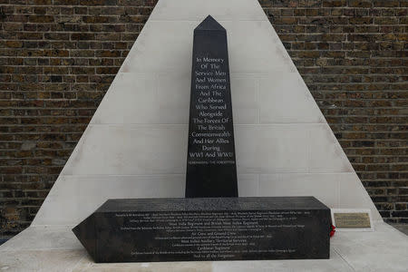 A war memorial commemorating people from the commonwealth who died during the two world wars stand in Windrush Square in the Brixton district of London, Britain April 16, 2018. REUTERS/Simon Dawson