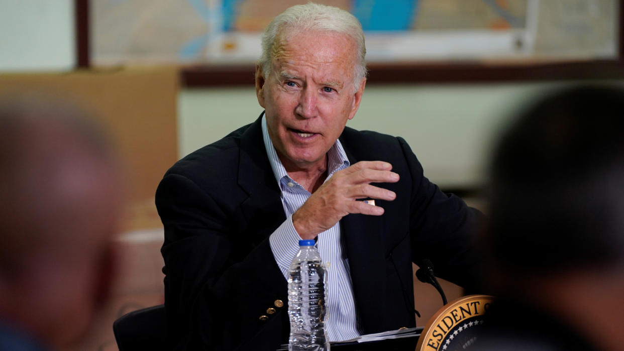 President Biden speaks to local leaders in Hillsborough Township, N.J. (Elizabeth Frantz/Reuters)