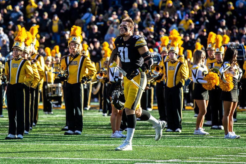 Iowa linebacker Jack Campbell is introduced on senior day before a NCAA Big Ten Conference football game against Nebraska, Friday, Nov. 25, 2022, at Kinnick Stadium in Iowa City, Iowa.