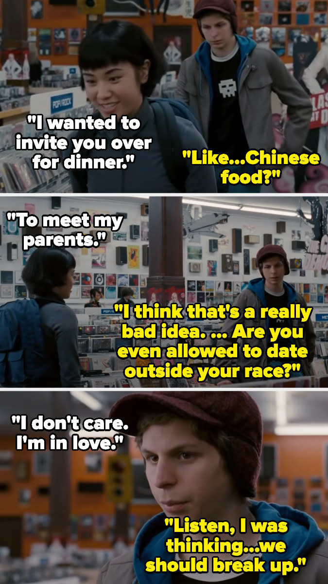 Scott's girlfriend saying she wants to invite him over for dinner to meet her parents and he says, for chinese food? are you even allowed to date outside your race?