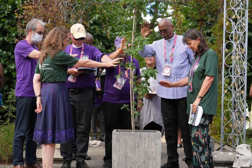California Episcopal Bishop Marc Andrus, in hat, gathers with other bishops at the recent Lambeth Conference in London to launch a Community Forest initiative. The former East Tennessean is a leading voice in the Episcopal Church’s climate change initiative. To the right of the tree is Central American Bishop Julio Murray.