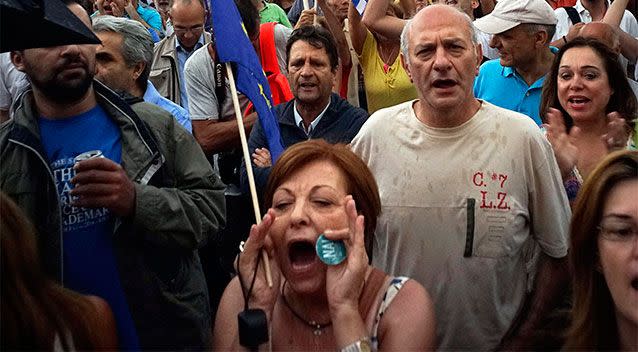 Demonstrators during a rally organised by supporters of the 'Yes' vote for the upcoming referendum in front of the Greek Parliament on June 30, 2015 in Athens. Photo: Getty Images/Milos Bicanski