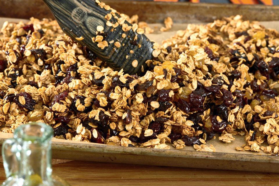 This November 2021 image shows a recipe for homemade granola in New York. (Katie Workman via AP)