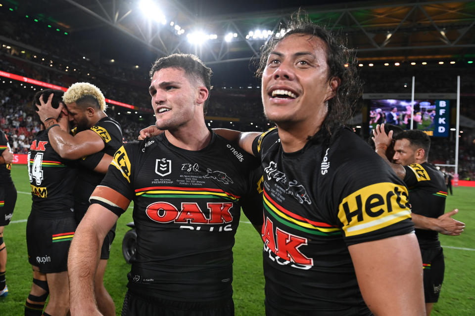 Jarome Luai celebrates with Nathan Cleary.