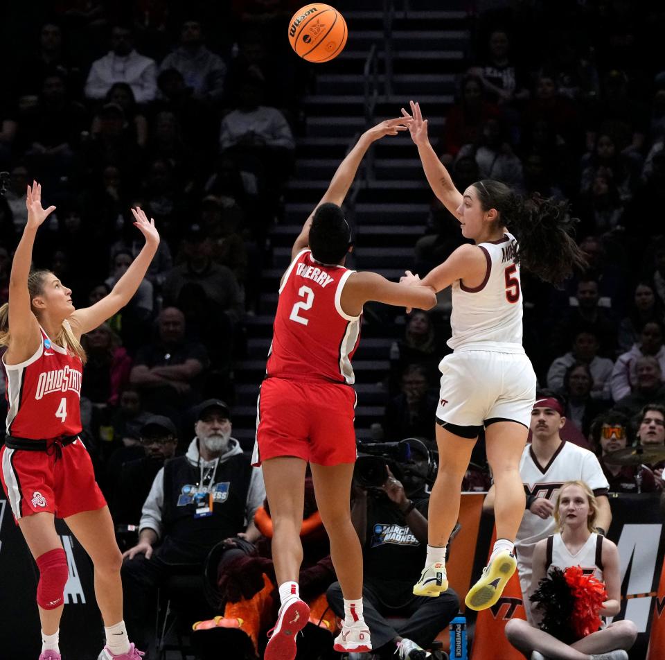 March 27, 2023; Seattle, WA, USA; Virginia Tech Hokies guard Georgia Amoore (5) is guarded by Ohio State Buckeyes forward Taylor Thierry (2) during the second half of an NCAA Tournament Elite Eight basketball game at Climate Pledge Arena in Seattle on Monday. Mandatory Credit: Barbara J. Perenic/Columbus Dispatch