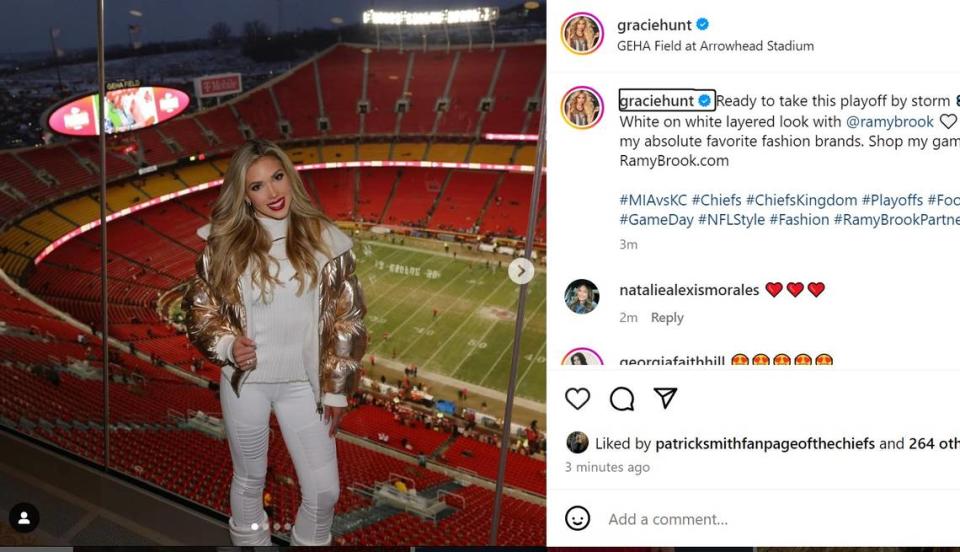 Gracie Hunt, daughter of Chiefs CEO and chairman Clark Hunt, wore a rose-gold colored reversible puffer coat to stay warm Saturday in subzero temperatures.
