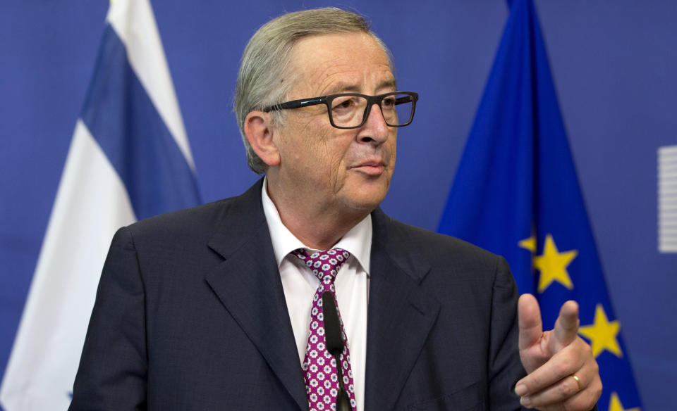 FILE - In this Wednesday, June 22, 2016 file photo, European Commission President Jean-Claude Juncker speaks during a media conference at EU headquarters in Brussels. Five years ago, Britons voted in a referendum that was meant to bring certainty to the U.K.’s fraught relationship with its European neigbors. Voters’ decision on June 23, 2016 was narrow but clear: By 52 percent to 48 percent, they chose to leave the European Union. It took over four years to actually make the break. The former partners are still bickering, like many divorced couples, over money and trust. (AP Photo/Virginia Mayo, File)