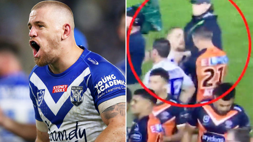 On the right, former Bulldogs teammates Matt Dufty and Brent Naden clash after the Wests Tigers' round 11 NRL win. 