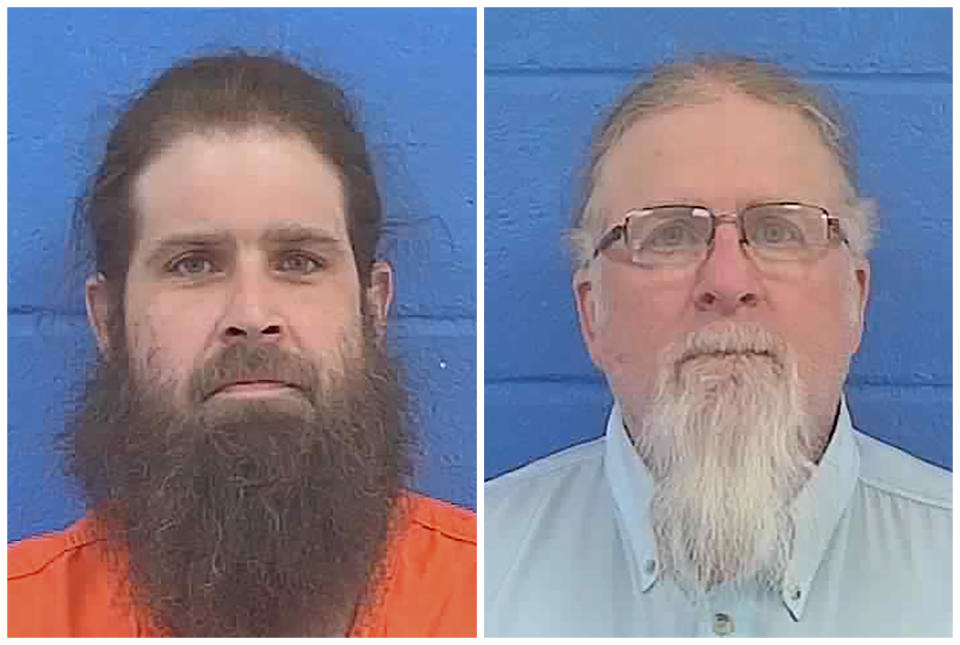 FILE - This combination of booking photos provided by Lincoln County, Miss., Sheriff's Department show Brandon Case, left, and his father, Gregory Charles Case, on Feb. 1, 2022. On Monday, May 8, 2023, a Mississippi judge set an August trial date for the men, who are accused of chasing and firing shots at the delivery vehicle driven by D'Monterrio Gibson in January 2022 near Brookhaven, Miss. (Lincoln County Sheriff's Department via AP, File)